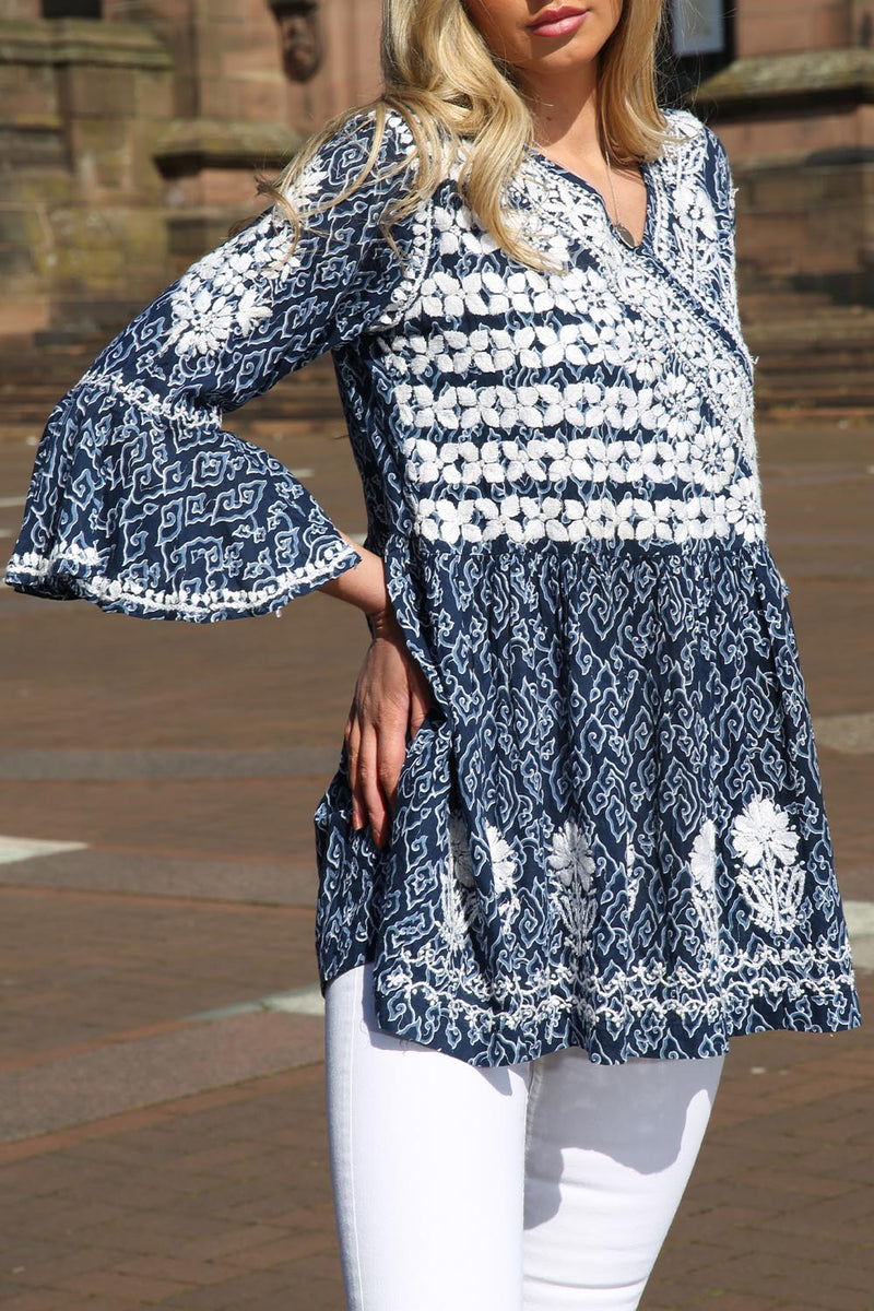 Alayna Embroidered Short Lawn Kurta In Navy