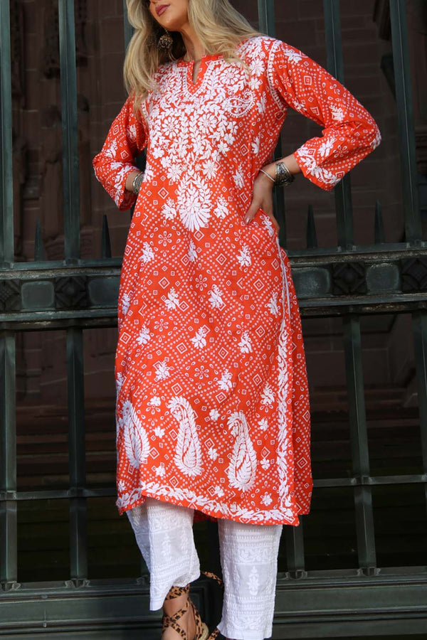 Amelia Embroidered 2 Piece Lawn Kurta Trouser Suit In Orange